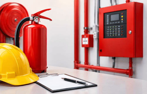 Fire safety engineer inspecting fire protection equipment in a commercial building