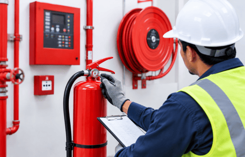 Technician performing routine fire alarm and fire protection system maintenance