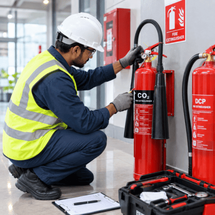 Fire safety technician inspecting fire extinguisher cylinder in a UAE building