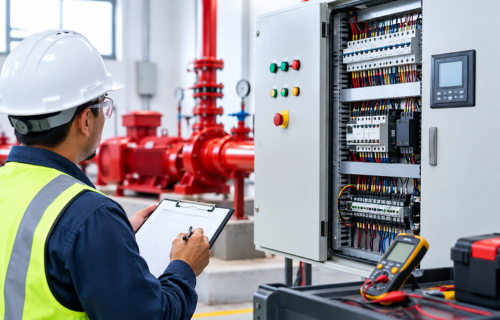 Fire protection engineer testing and commissioning a fire alarm system in UAE